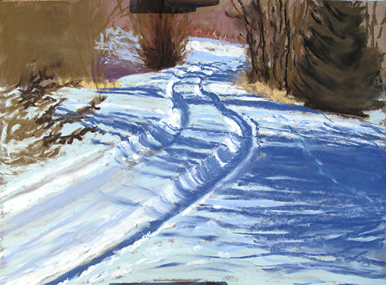 pastel painting plein air of snowy country road, by John Hulsey